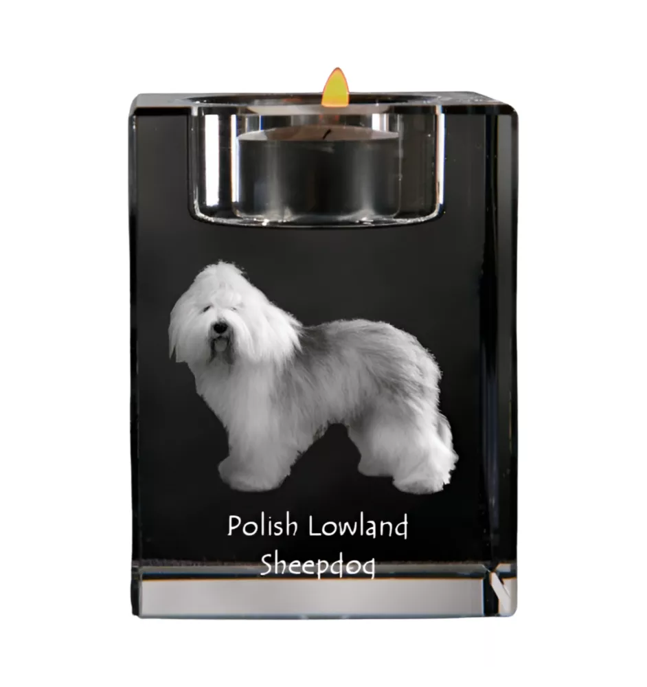 Polnischer Niederungshütehund, PON - Kerzenhalter mit Hundefoto, Teelichthalter aus Kristall, personalisiertes Geschenk der Marke Art-Dog