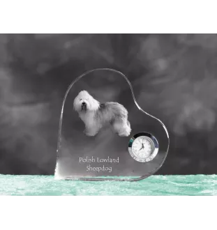 Polish Lowland Sheepdog, PON, Valee Sheepdog - crystal clock with a dog picture, heart-shaped shelf clock, personalized standing clock by Art-Dog brand