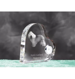 Polish Lowland Sheepdog, PON, Valee Sheepdog - crystal clock with a dog picture, heart-shaped shelf clock, personalized standing clock by Art-Dog brand