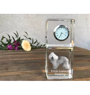 Polish Lowland Sheepdog, PON, Valee Sheepdog - crystal clock with a photo, a photo of a dog in crystal, personalized desk clock by Art-Dog brand