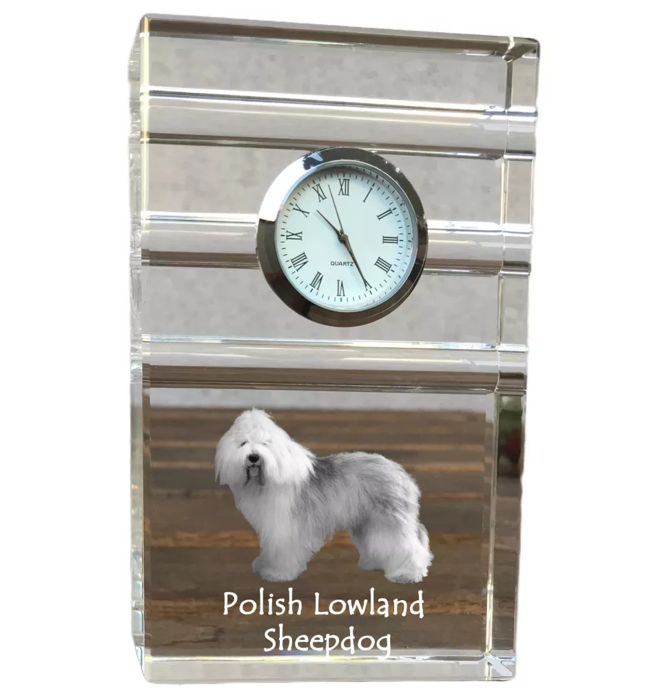 Polish Lowland Sheepdog, PON, Valee Sheepdog - glass clock with a photo, photo of a dog in crystal, personalized standing office clock by Art-Dog brand