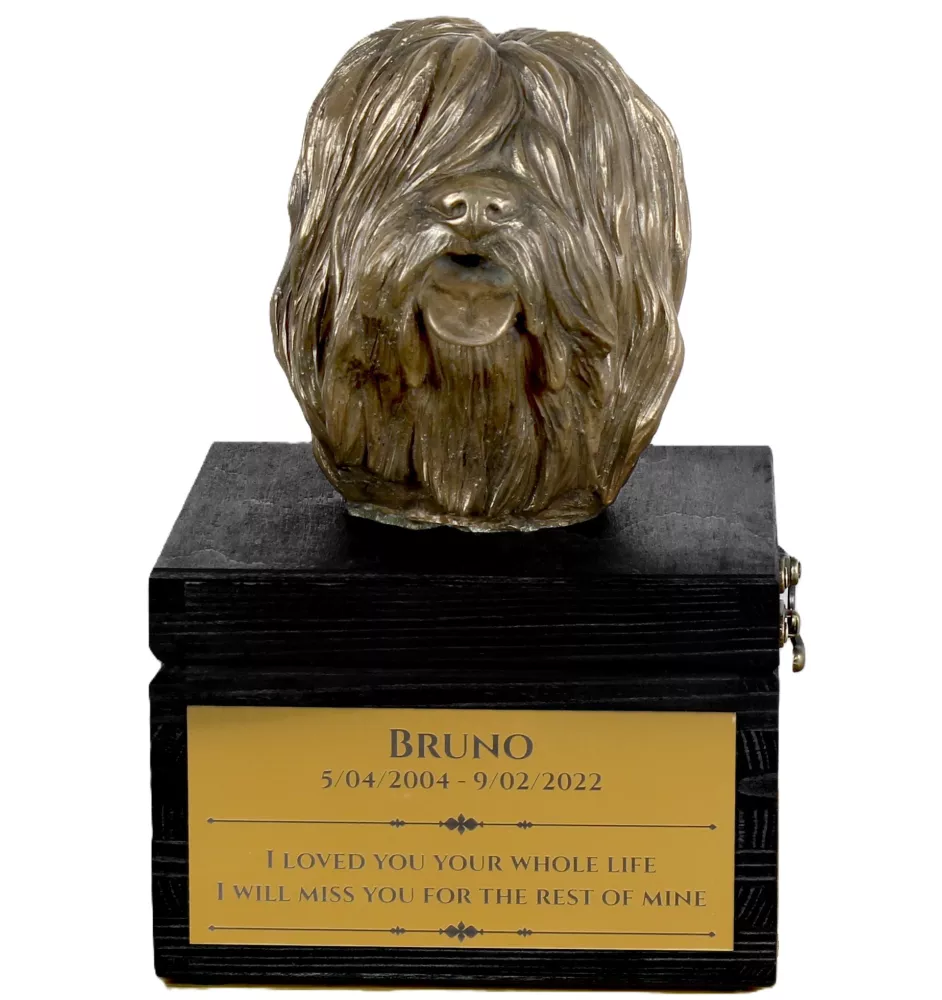 Polnischer Niederungshütehund, PON - eine Urne mit Gravur und Hundeskulptur, letzter Abschied, handgefertigtes Produkt der Marke Art-Dog
