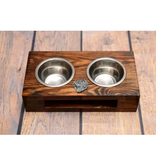 Polish Lowland Sheepdog, PON, Valee Sheepdog - wooden stand with bowls for a dog, steel dog bowls, a gift for adopting a dog from the Art-Dog brand