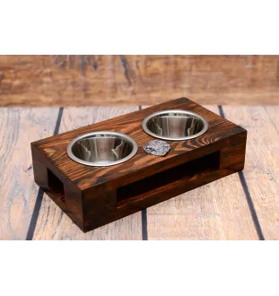 Polish Lowland Sheepdog, PON, Valee Sheepdog - wooden stand with bowls for a dog, steel dog bowls, a gift for adopting a dog from the Art-Dog brand