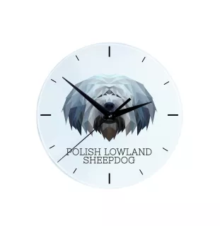 Polnischer Niederungshütehund, PON - geometrische Wanduhr mit Bild und Aufschrift der Marke Art-Dog