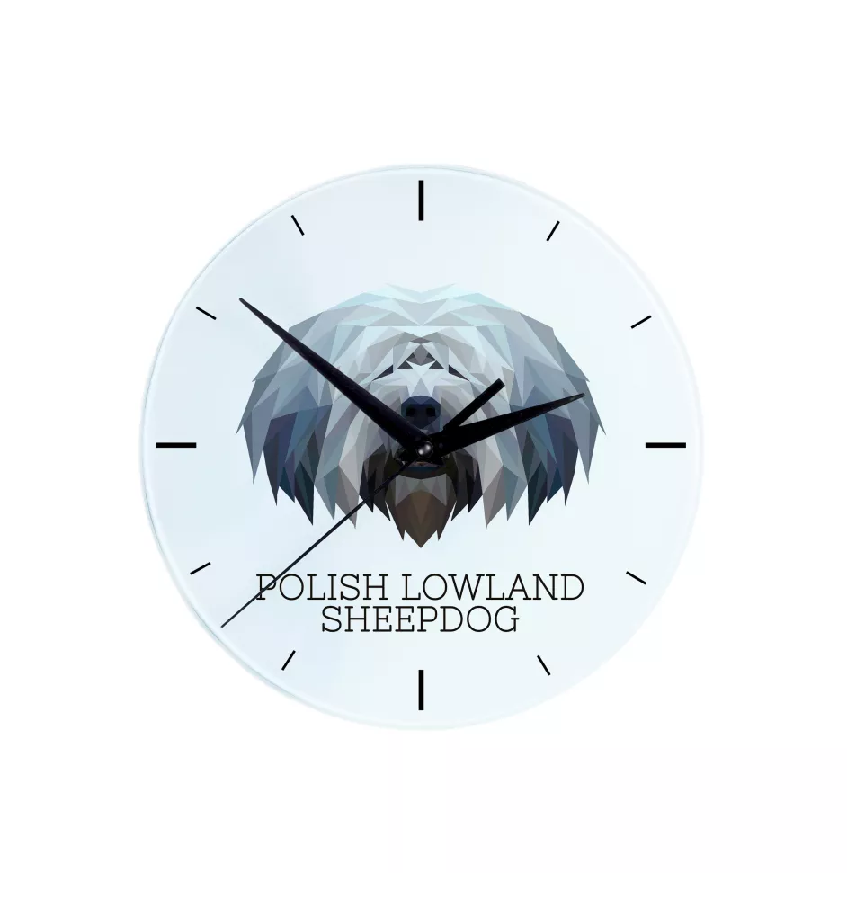Polnischer Niederungshütehund, PON - geometrische Wanduhr mit Bild und Aufschrift der Marke Art-Dog