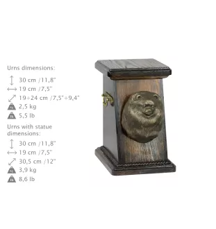Pomeranian, Pommer, Pommerlo, Zwergspitz eine Ascheurne für Hunde, eine elegante Urne mit einer Statue, eine Gedenkurne mit dem Porträt eines Hundes von der Marke Art-Dog