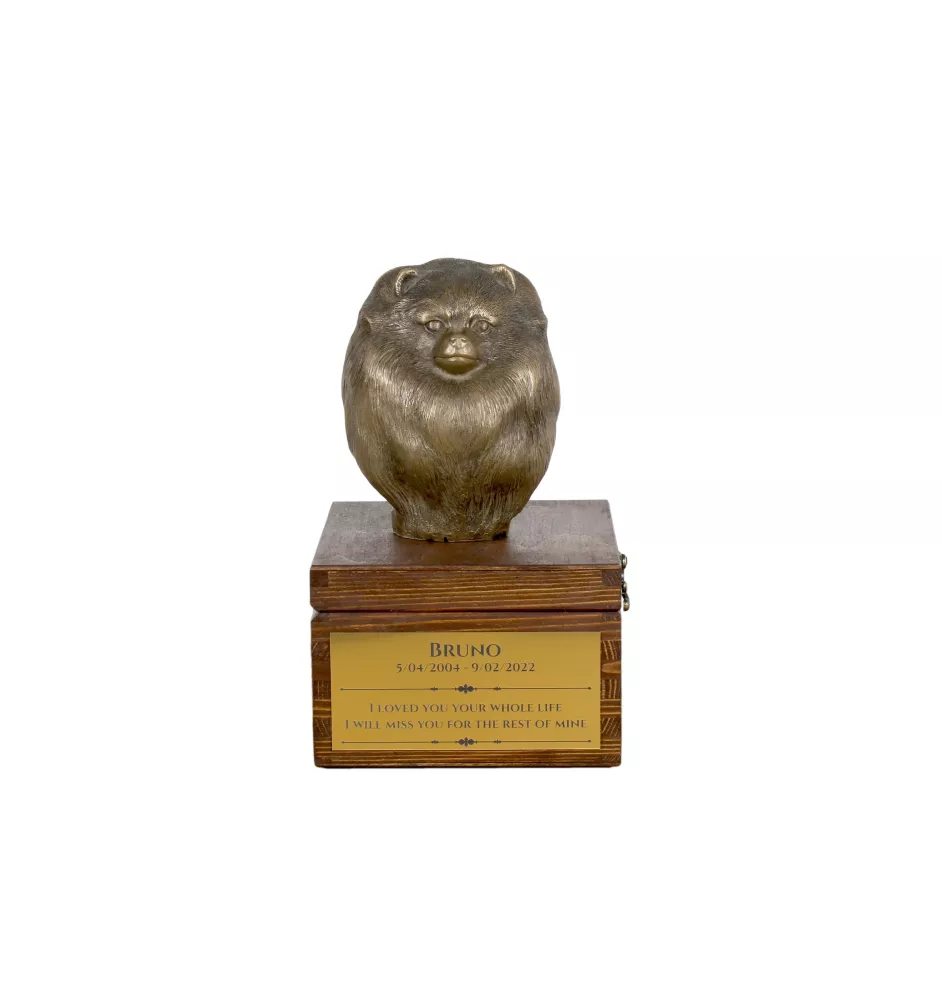 Pomeranian dog, Pom Dog, Dwarf Spitz - urn for dog ashes with a statuette, small urn for a dog, personalized urn with a bust of a dog by Art-Dog brand