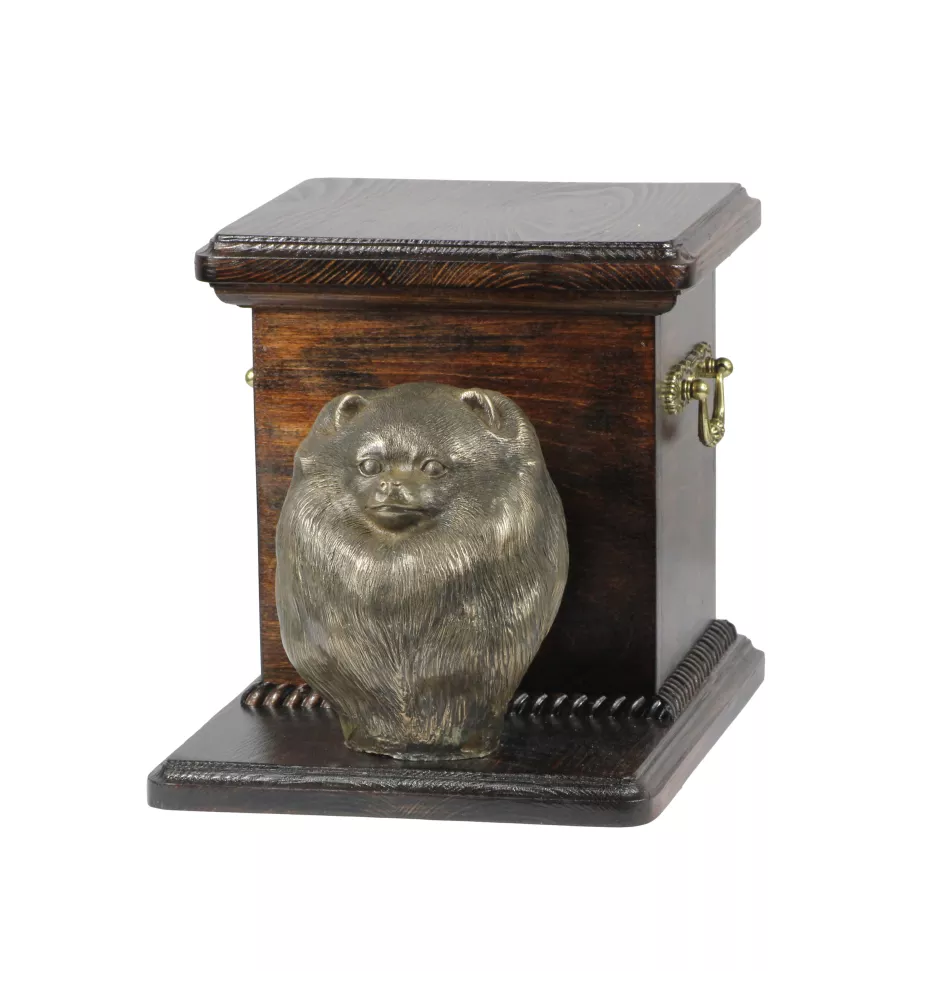 Pomeranian, Pommer, Pommerlo, Zwergspitz - Eine Urne für die Asche eines Hundes mit einer Statuette, eine elegante Urne für einen Hund, eine außergewöhnliche Urne mit dem Porträt eines Hundes von der