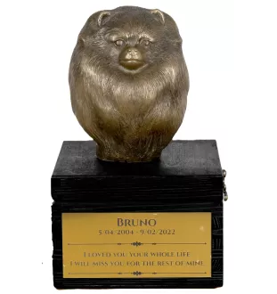 Pomeranian, Pommer, Pommerlo, Zwergspitz - eine Urne mit Gravur und Hundeskulptur, letzter Abschied, handgefertigtes Produkt der Marke Art-Dog