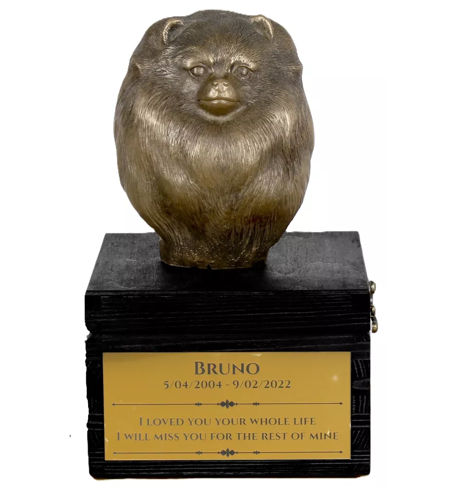 Pomeranian, Pommer, Pommerlo, Zwergspitz - eine Urne mit Gravur und Hundeskulptur, letzter Abschied, handgefertigtes Produkt der Marke Art-Dog