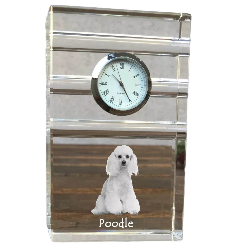 Poodle - glass clock with a photo, photo of a dog in crystal, personalized standing office clock by Art-Dog brand