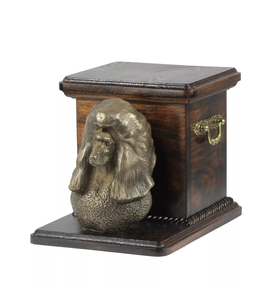 Pudel - Eine Urne für die Asche eines Hundes mit einer Statuette, eine elegante Urne für einen Hund, eine außergewöhnliche Urne mit dem Porträt eines Hundes von der Marke Art-Dog.