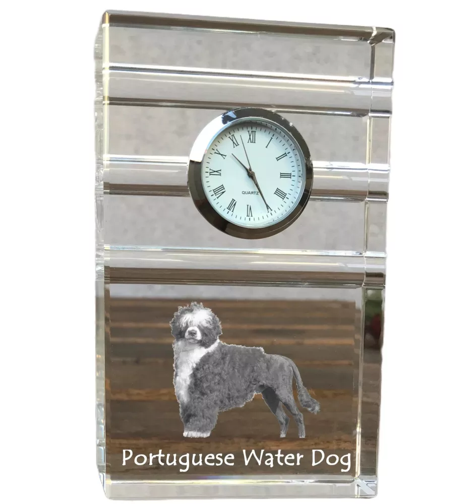Portugiesischer Wasserhund - Glasuhr mit Foto, Foto eines Hundes im Kristall, personalisierte Tischuhr für das Büro der Marke Art-Dog