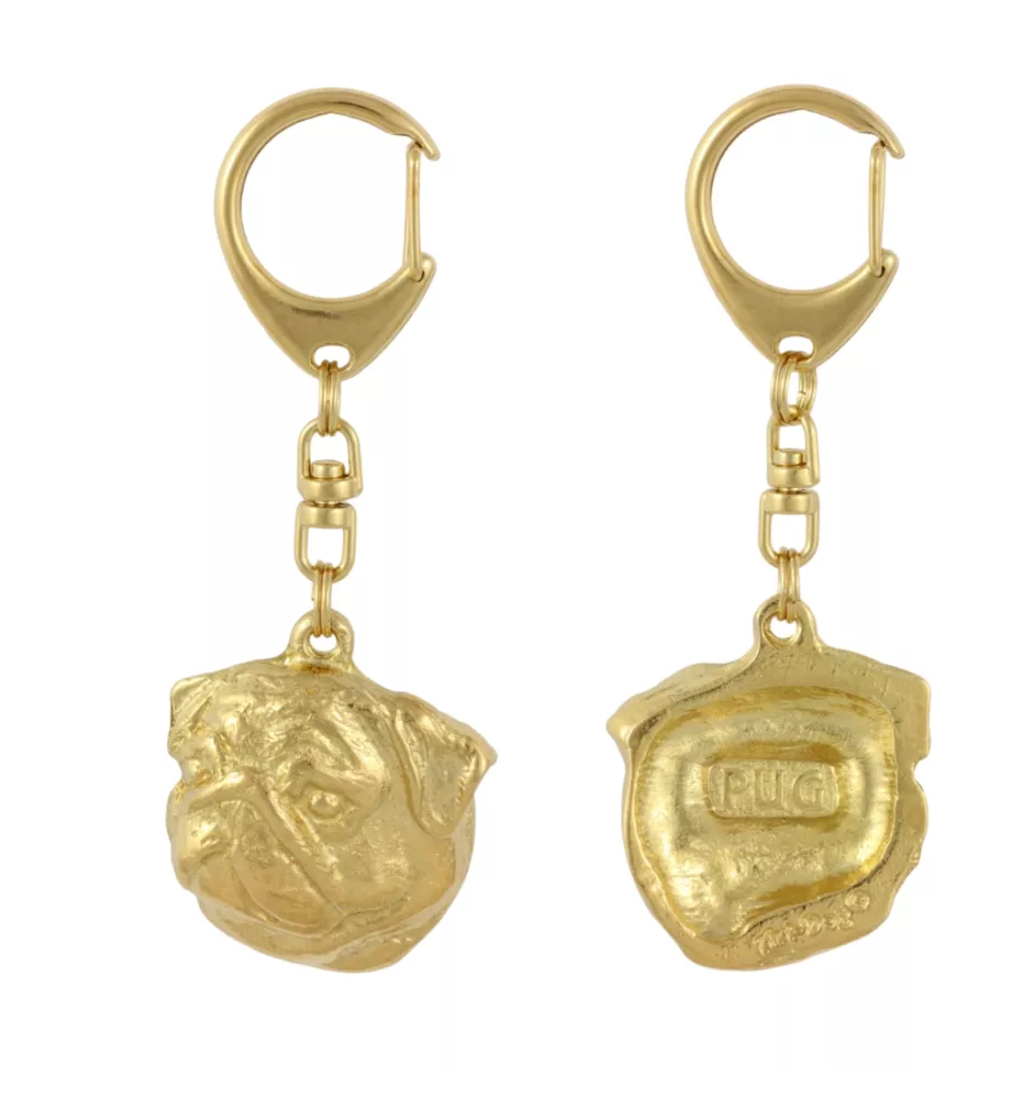 Mops, Pug, Carlin, Carlino, Doguillo II - Vergoldeter Schlüsselanhänger mit Hund, Handtaschenschmuck, Luxus-Accessoire der Marke Art-Dog