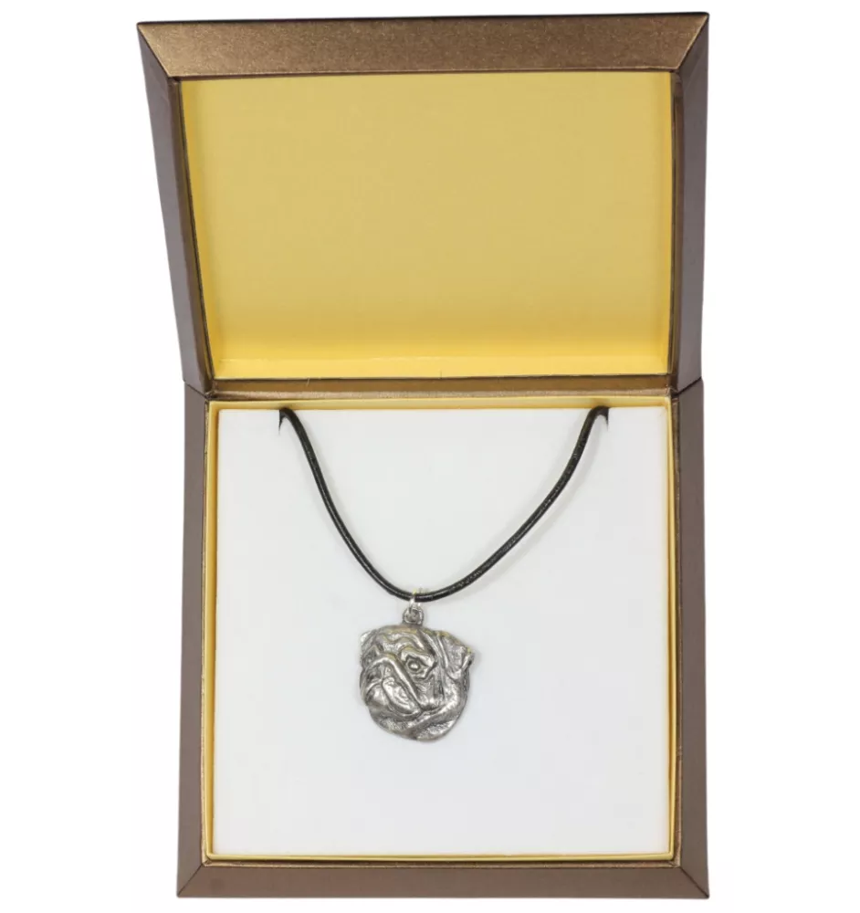 Carlin, Pug, Mops II - Collier de chien dans une boîte cadeau, médaillon argenté pour fan de chien, pendentif remarquable de la marque Art-Dog