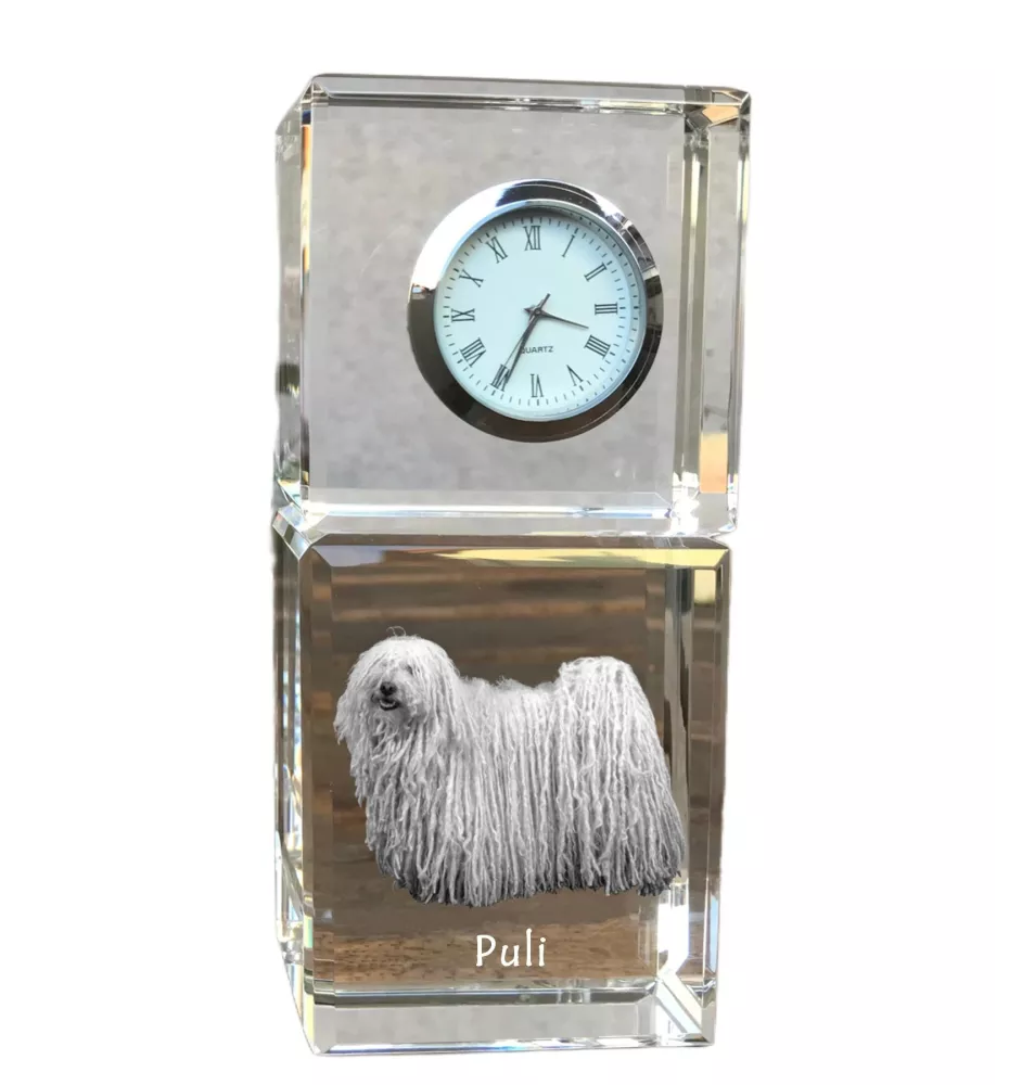 Puli, Puli Hongrois - montre en cristal avec photo, photo de chien dans un cristal, horloge de bureau personnalisée de la marque Art-Dog