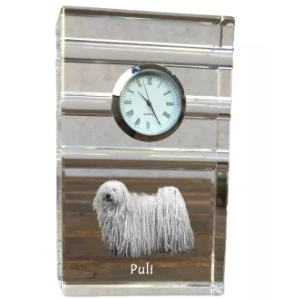 Puli, Puli Hongrois - une horloge en verre avec une photo, une photo de chien dans un cristal, une horloge de bureau personnalisée de la marque Art-Dog