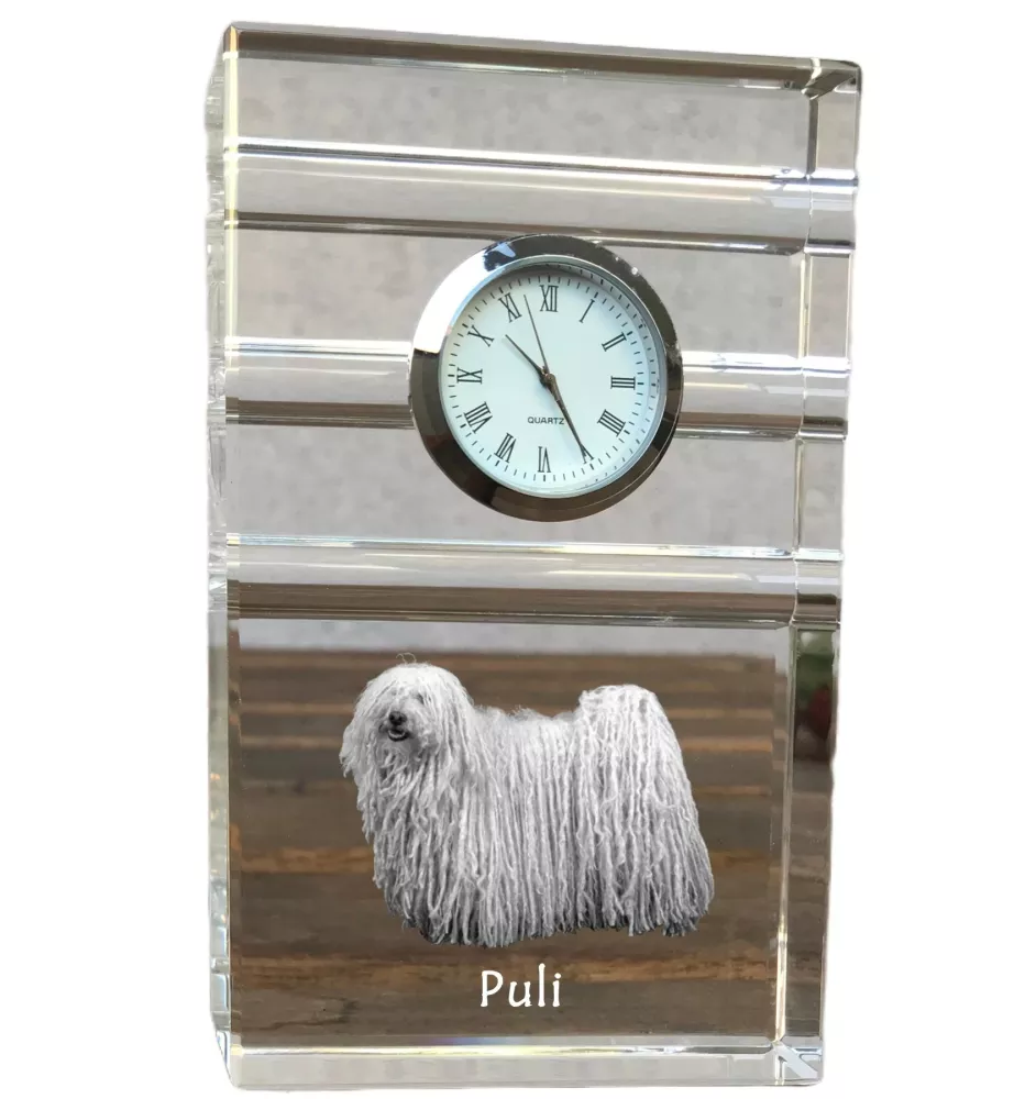 Puli - Glasuhr mit Foto, Foto eines Hundes im Kristall, personalisierte Tischuhr für das Büro der Marke Art-Dog