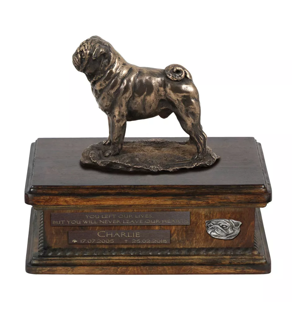 Pug I - urn for dog ashes, personalized urn with a statue, wooden urn with a dog by Art-Dog brand