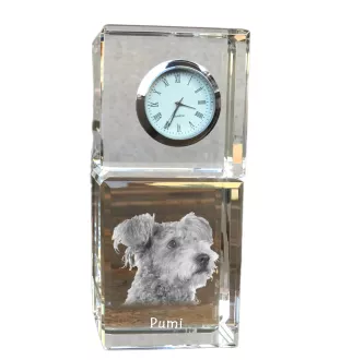 Pumi, Hungarian Pumi, Hungarian herding terrier - crystal clock with a photo, a photo of a dog in crystal, personalized desk clock by Art-Dog brand