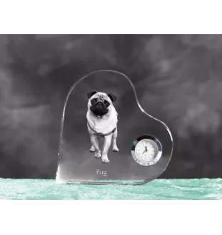 Mops, Pug, Carlin, Carlino, Doguillo - Kristalluhr mit einem Hundebild, Herzregal-Uhr, personalisierte Standuhr der Marke Art-Dog