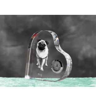Mops, Pug, Carlin, Carlino, Doguillo - Kristalluhr mit einem Hundebild, Herzregal-Uhr, personalisierte Standuhr der Marke Art-Dog