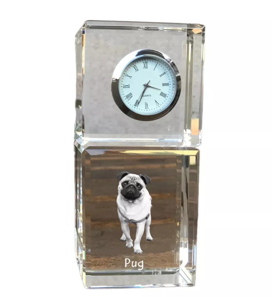 Pug - crystal clock with a photo, a photo of a dog in crystal, personalized desk clock by Art-Dog brand