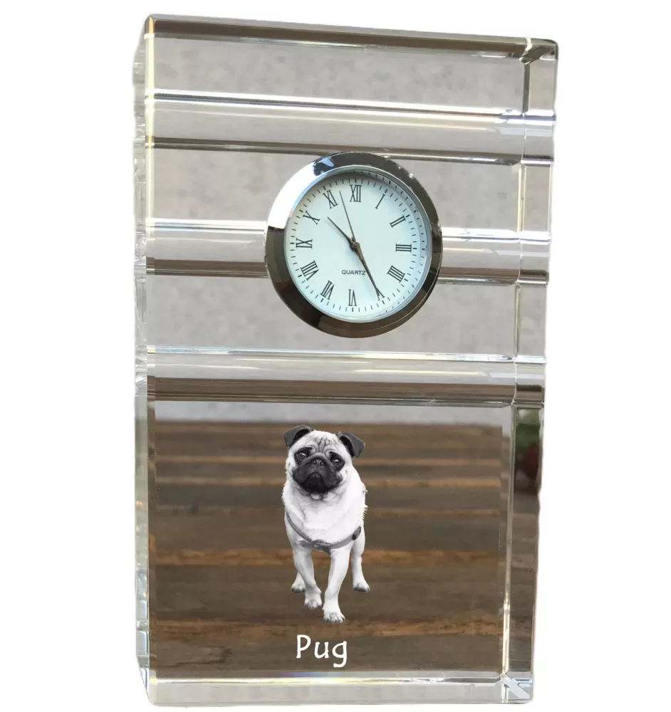 Pug - glass clock with a photo, photo of a dog in crystal, personalized standing office clock by Art-Dog brand
