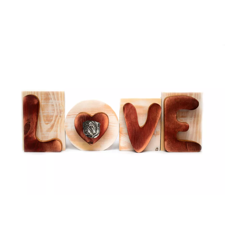 Pug II - wooden LOVE sign, interior decoration with a dog, charming ornament for the shelf by Art-Dog brand