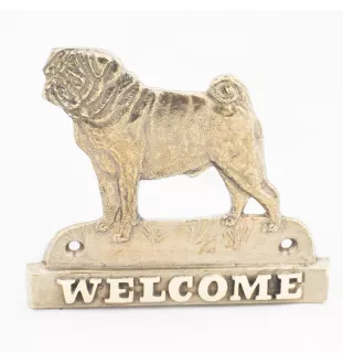 Mops, Pug, Carlin, Carlino, Doguillo - Türschild mit Hund, messingfarbenes Willkommensschild, einzigartiges Schild mit der Aufschrift Welcome von der Marke Art-Dog