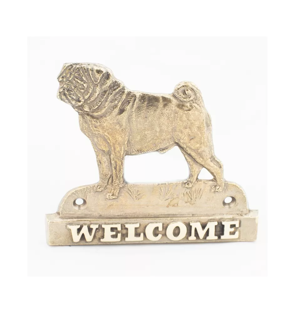 Mops, Pug, Carlin, Carlino, Doguillo - Türschild mit Hund, messingfarbenes Willkommensschild, einzigartiges Schild mit der Aufschrift Welcome von der Marke Art-Dog