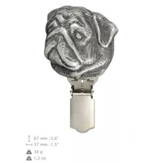 Pug - brooch with a clip, holder for a start number, silver-plated dog show pin from the Art-Dog brand