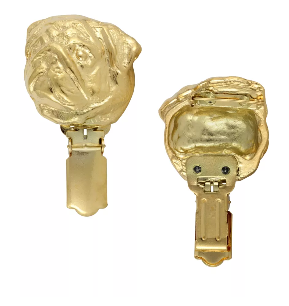 Pug - brooch with a clip, gold-plated holder for a start number, a gift for a dog show by Art-Dog brand.