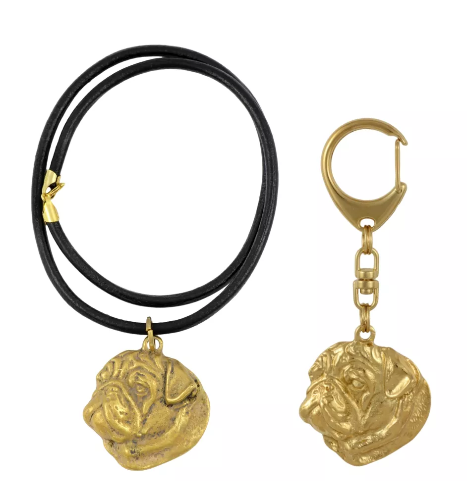 Carlin, Pug, Mops I - porte-clés et collier avec chien dans une boîte, produit plaqué or de haute qualité, marque Art-Dog