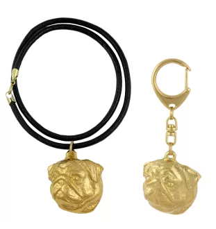 Carlin, Pug, Mops II - porte-clés et collier avec chien dans une boîte, produit plaqué or de haute qualité, marque Art-Dog