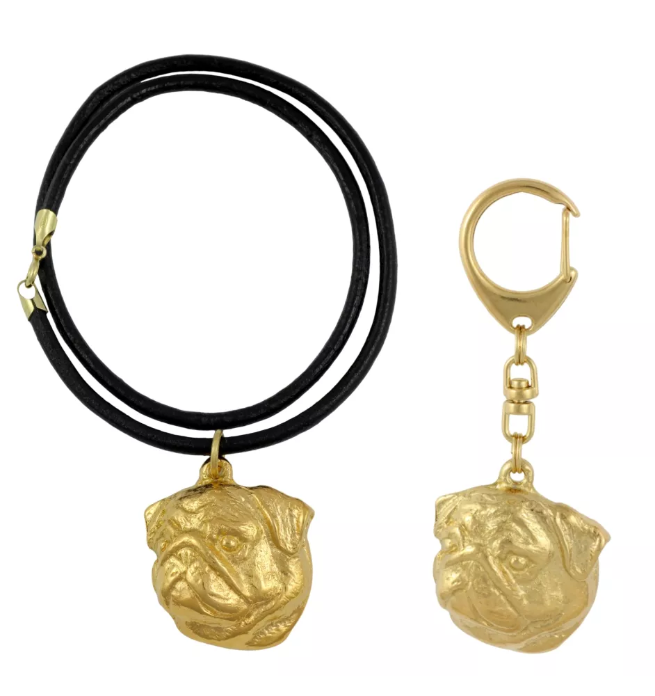 Carlin, Pug, Mops II - porte-clés et collier avec chien dans une boîte, produit plaqué or de haute qualité, marque Art-Dog