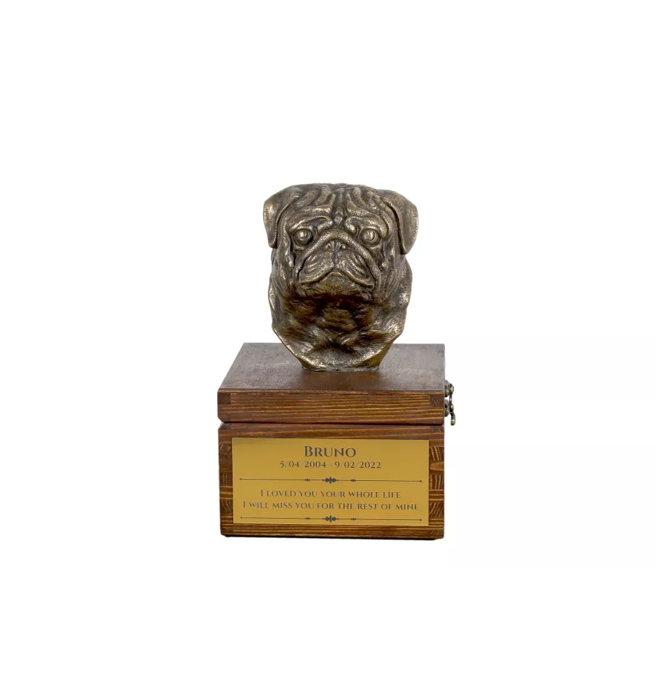 Pug - urn for dog ashes with a statuette, small urn for a dog, personalized urn with a bust of a dog by Art-Dog brand