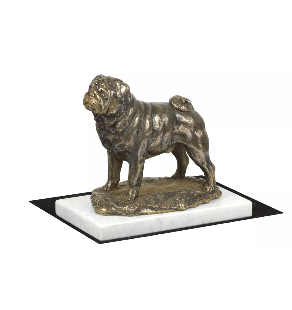 Pug - dog figurine, statue on white marble, trophy for Art-Dog dog show exhibition