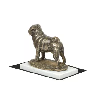 Pug - dog figurine, statue on white marble, trophy for Art-Dog dog show exhibition