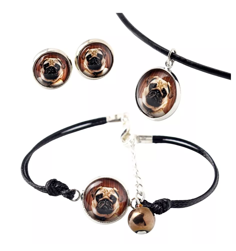 Mops, Pug, Carlin, Carlino, Doguillo - Schmuckset in einer Schachtel, Halskette, Ohrringe, Armband, Produkte der Marke Art-Dog