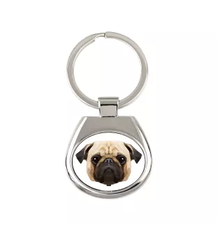 Mops, Pug, Carlin, Carlino, Doguillo - geometrischer Schlüsselanhänger mit Foto und Aufschrift Art-Dog