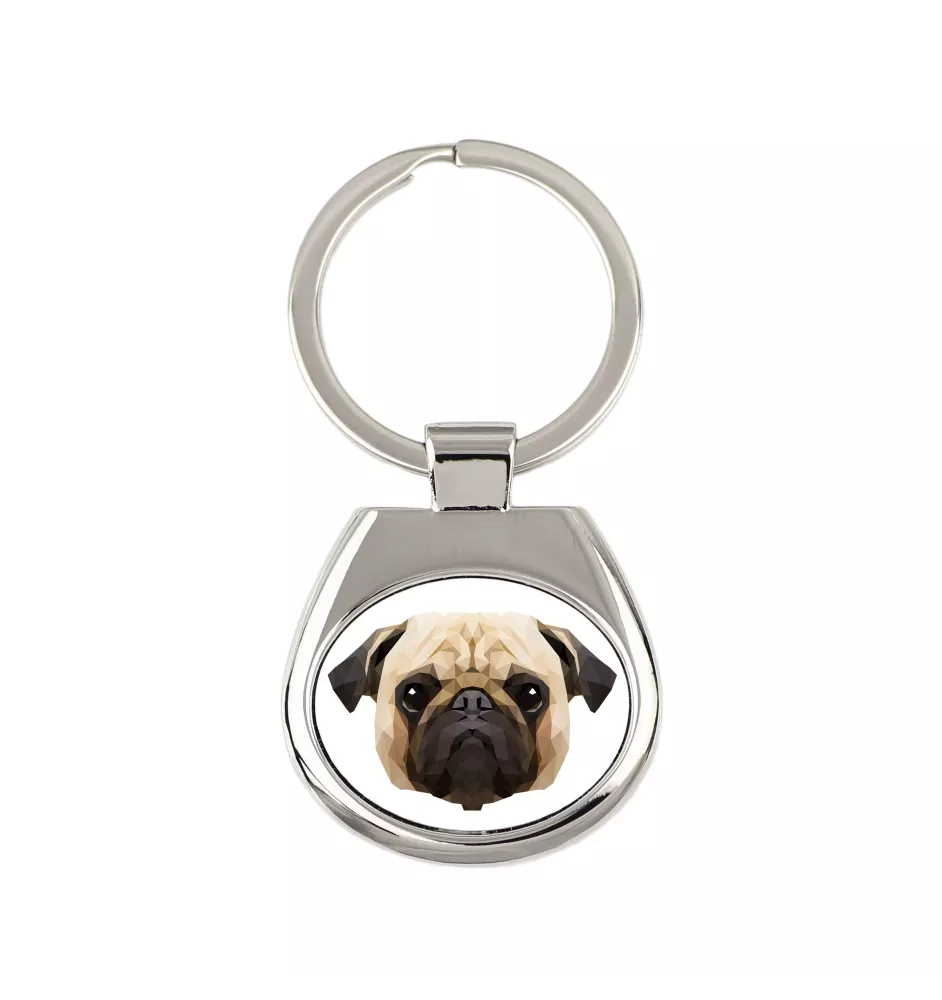 Mops, Pug, Carlin, Carlino, Doguillo - geometrischer Schlüsselanhänger mit Foto und Aufschrift Art-Dog