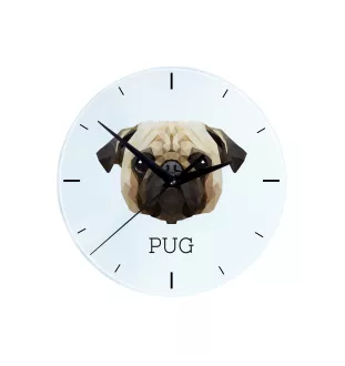 Mops, Pug, Carlin, Carlino, Doguillo - geometrische Wanduhr mit Bild und Aufschrift der Marke Art-Dog