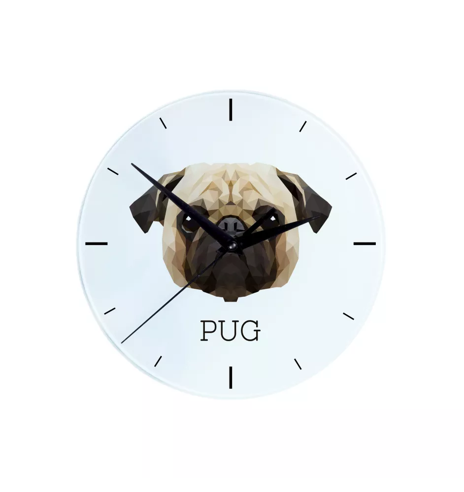 Mops, Pug, Carlin, Carlino, Doguillo - geometrische Wanduhr mit Bild und Aufschrift der Marke Art-Dog