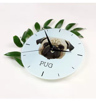 Mops, Pug, Carlin, Carlino, Doguillo - geometrische Wanduhr mit Bild und Aufschrift der Marke Art-Dog