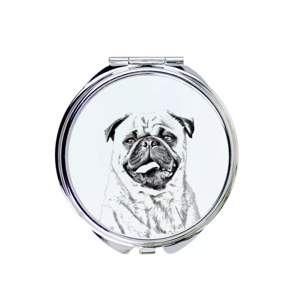 Pug - Pocket mirror with a dog, personalized mirror for a purse, compact mirror with Art-Dog brand print.
