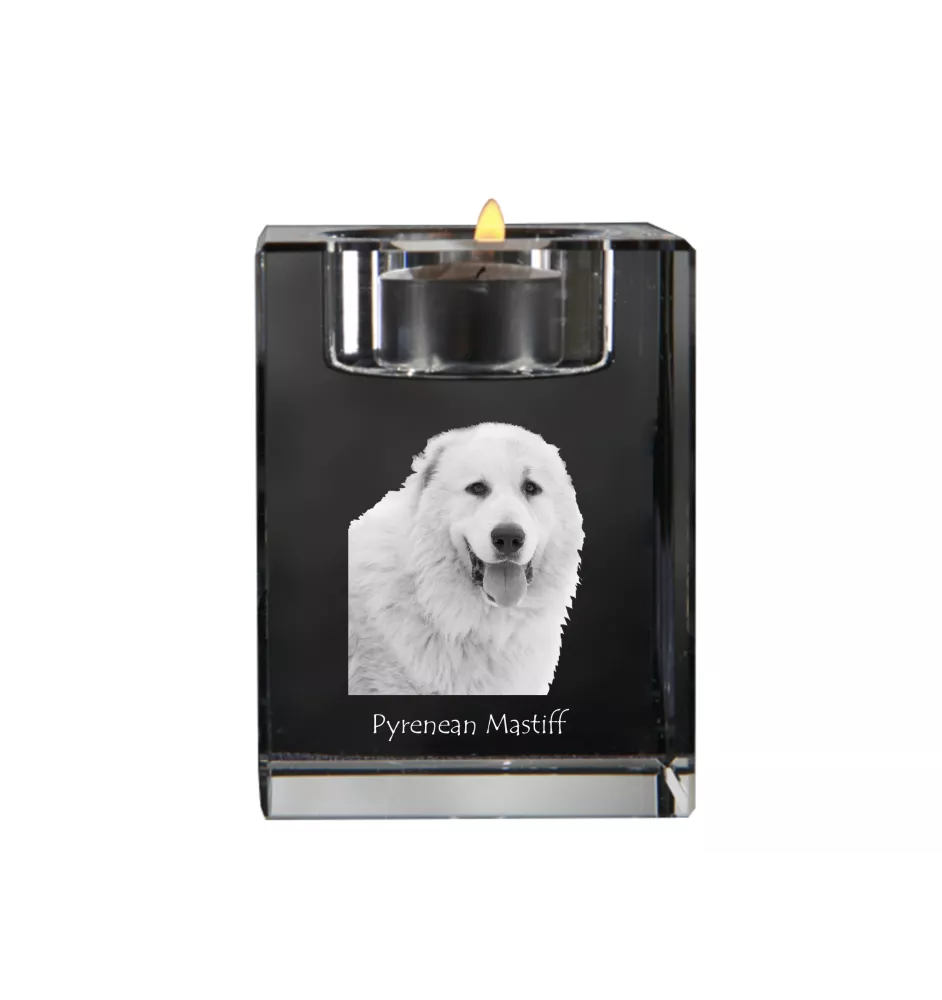 Pyrenäen-Mastiff, Mastín del Pirineo - Kerzenhalter mit Hundefoto, Teelichthalter aus Kristall, personalisiertes Geschenk der Marke Art-Dog