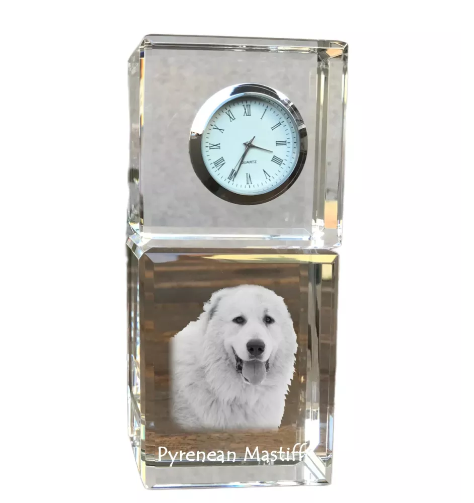 Mâtin des Pyrénées, Mastín del Pirineo - montre en cristal avec photo, photo de chien dans un cristal, horloge de bureau personnalisée de la marque Art-Dog