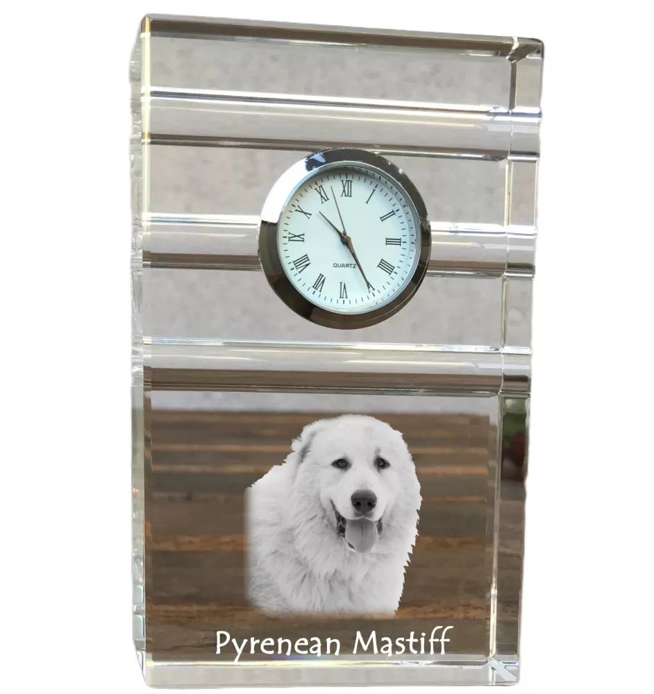 Pyrenean Mastiff, Mastín del Pirineo - glass clock with a photo, photo of a dog in crystal, personalized standing office clock by Art-Dog brand